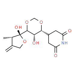 ChemSpider 2D Image | 4-{(4R,5S)-5-Hydroxy-6-[(2R,3S)-2-hydroxy-3-methyl-4-methylenetetrahydro-2-furanyl]-1,3-dioxan-4-yl}-2,6-piperidinedione (non-preferred name) | C15H21NO7