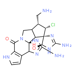 ChemSpider 2D Image | (5'S,10R,11S,12S,12bS)-2,2'-Diamino-10-(aminomethyl)-11-chloro-5'-hydroxy-1',3a,5',6,9a,10,11,12a-octahydro-9H-spiro[cyclopenta[a]imidazo[4,5-h]pyrrolo[2,3-f]indolizine-12,4'-imidazol]-7(1H)-one | C17H22ClN9O2