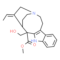 ChemSpider 2D Image | Methyl (16E)-16-ethylidene-2-(hydroxymethyl)-4,14-diazatetracyclo[12.2.2.0~3,11~.0~5,10~]octadeca-3(11),5,7,9-tetraene-2-carboxylate | C21H26N2O3