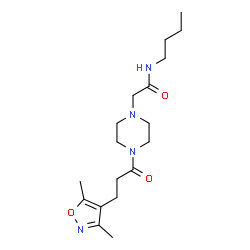 ChemSpider 2D Image | N-Butyl-2-{4-[3-(3,5-dimethyl-1,2-oxazol-4-yl)propanoyl]-1-piperazinyl}acetamide | C18H30N4O3