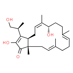 ChemSpider 2D Image | (3aR,5Z,7S,14E,16aS)-2,7-Dihydroxy-3-[(2S)-1-hydroxy-2-propanyl]-6,10,14,16a-tetramethyl-4,7,8,9,12,13,16,16a-octahydrocyclopenta[15]annulen-1(3aH)-one | C25H38O4
