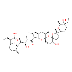 ChemSpider 2D Image | (2R)-2-{(2R,5S,6R)-6-[(2S,3S,4S,6R)-6-{(2S,7R,9S,10S,12R,15R)-2-[(2R,5S,6S)-5-Ethyl-5-hydroxy-6-methyltetrahydro-2H-pyran-2-yl]-15-hydroxy-2,10,12-trimethyl-1,6,8-trioxadispiro[4.1.5.3]pentadec-13-en-
9-yl}-3-hydroxy-4-methyl-5-oxo-2-octanyl]-5-methyltetrahydro-2H-pyran-2-yl}butanoic acid | C42H70O11