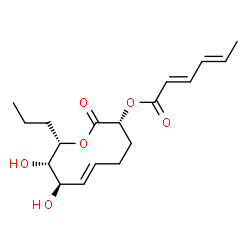 ChemSpider 2D Image | (3R,6E,8R,9S,10S)-8,9-Dihydroxy-2-oxo-10-propyl-3,4,5,8,9,10-hexahydro-2H-oxecin-3-yl (2E,4E)-2,4-hexadienoate | C18H26O6
