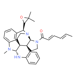 ChemSpider 2D Image | (2E,4E)-1-{(2S,6R,14R,22R,25S)-25-[(2S)-3,3-Dimethyl-2-oxiranyl]-15-methyl-1,3,13,15-tetraazaheptacyclo[18.4.1.0~2,6~.0~6,22~.0~7,12~.0~14,22~.0~16,21~]pentacosa-7,9,11,16,18,20-hexaen-3-yl}-2,4-hexad
ien-1-one | C32H36N4O2