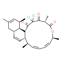 ChemSpider 2D Image | (4S,7S,8Z,10Z,12R,12aS,14aS,18S,18aR,18bR)-2,2-Dichloro-4,7,12,16,18-pentamethyl-7,12,12a,14a,15,18,18a,18b-octahydro-1H-naphtho[1,2-g]oxacyclotetradecine-1,3,5(2H,4H)-trione | C26H32Cl2O4