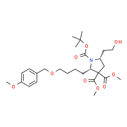 ChemSpider 2D Image | 3,3-Dimethyl 1-(2-methyl-2-propanyl) (2S,5S)-5-(2-hydroxyethyl)-2-{4-[(4-methoxybenzyl)oxy]butyl}-1,3,3-pyrrolidinetricarboxylate | C27H41NO9