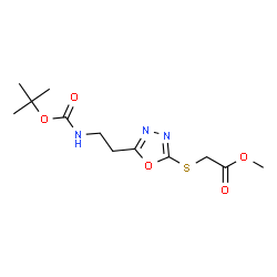 ChemSpider 2D Image | Methyl ({5-[2-({[(2-methyl-2-propanyl)oxy]carbonyl}amino)ethyl]-1,3,4-oxadiazol-2-yl}sulfanyl)acetate | C12H19N3O5S