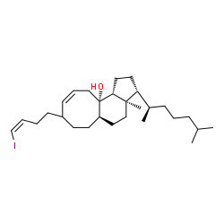 ChemSpider 2D Image | (3R,3aR,5aR,9Z,11aS,11bR)-8-[(3Z)-4-Iodo-3-buten-1-yl]-3a-methyl-3-[(2R)-6-methyl-2-heptanyl]-1,2,3,3a,4,5,5a,6,7,8,11,11b-dodecahydro-11aH-cycloocta[e]inden-11a-ol | C28H47IO