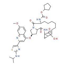 ChemSpider 2D Image | (2R,6S,12E,13aS,14aR)-6-{[(Cyclopentyloxy)carbonyl]amino}-2-({2-[2-(isopropylamino)-1,3-thiazol-4-yl]-7-methoxy-4-quinolinyl}oxy)-5,16-dioxo-1,2,3,6,7,8,9,10,11,13a,14,15,16,16a-tetradecahydrocyclopro
pa[e]pyrrolo[1,2-a][1,4]diazacyclopentadecine-14a(5H)-carboxylic acid | C40H50N6O8S