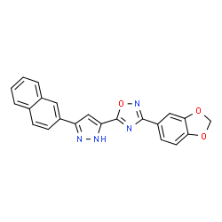 ChemSpider 2D Image | 3-(1,3-Benzodioxol-5-yl)-5-[3-(2-naphthyl)-1H-pyrazol-5-yl]-1,2,4-oxadiazole | C22H14N4O3