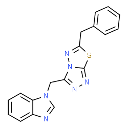 ChemSpider 2D Image | 1-[(6-Benzyl[1,2,4]triazolo[3,4-b][1,3,4]thiadiazol-3-yl)methyl]-1H-benzimidazole | C18H14N6S