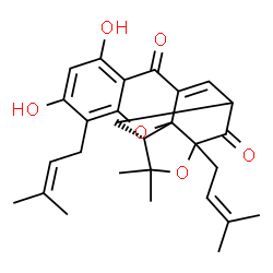 ChemSpider 2D Image | (1S)-6,8-Dihydroxy-17,17-dimethyl-5,15-bis(3-methyl-2-buten-1-yl)-3,16-dioxapentacyclo[11.4.1.0~2,11~.0~2,15~.0~4,9~]octadeca-4,6,8,11-tetraene-10,14-dione | C28H32O6