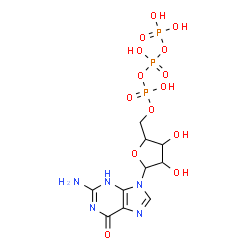 ChemSpider 2D Image | 2-Amino-9-[5-O-(hydroxy{[hydroxy(phosphonooxy)phosphoryl]oxy}phosphoryl)pentofuranosyl]-3,9-dihydro-6H-purin-6-one | C10H16N5O14P3