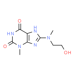 ChemSpider 2D Image | 8-[(2-Hydroxyethyl)(methyl)amino]-3-methyl-3,7-dihydro-1H-purine-2,6-dione | C9H13N5O3