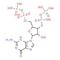 ChemSpider 2D Image | 2-Amino-9-{3,5-bis-O-[hydroxy(phosphonooxy)phosphoryl]pentofuranosyl}-3,9-dihydro-6H-purin-6-one | C10H17N5O17P4