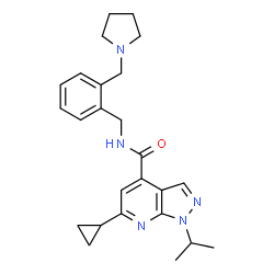 ChemSpider 2D Image | 6-Cyclopropyl-1-isopropyl-N-[2-(1-pyrrolidinylmethyl)benzyl]-1H-pyrazolo[3,4-b]pyridine-4-carboxamide | C25H31N5O