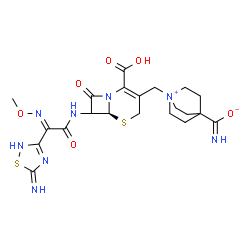 ChemSpider 2D Image | 1-{[(6S)-2-Carboxy-7-{[(2E)-2-(5-imino-2,5-dihydro-1,2,4-thiadiazol-3-yl)-2-(methoxyimino)acetyl]amino}-8-oxo-5-thia-1-azabicyclo[4.2.0]oct-2-en-3-yl]methyl}-1-azoniabicyclo[2.2.2]octane-4-carboximida
te | C21H26N8O6S2