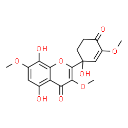 ChemSpider 2D Image | 5,8-Dihydroxy-2-(1-hydroxy-3-methoxy-4-oxo-2-cyclohexen-1-yl)-3,7-dimethoxy-4H-chromen-4-one | C18H18O9