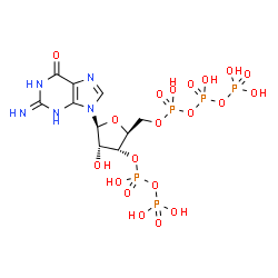 ChemSpider 2D Image | 9-{5-O-(Hydroxy{[hydroxy(phosphonooxy)phosphoryl]oxy}phosphoryl)-3-O-[hydroxy(phosphonooxy)phosphoryl]-beta-L-ribofuranosyl}-2-imino-1,2,3,9-tetrahydro-6H-purin-6-one | C10H18N5O20P5
