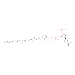 ChemSpider 2D Image | S-{1-[(2S,3S,5S)-5-(6-Amino-9H-purin-9-yl)-4-hydroxy-3-(phosphonooxy)tetrahydro-2-furanyl]-3,5,9-trihydroxy-8,8-dimethyl-3,5-dioxido-10,14-dioxo-2,4,6-trioxa-11,15-diaza-3lambda~5~,5lambda~5~-diphosph
aheptadecan-17-yl} (3R)-3-hydroxydodecanethioate (non-preferred name) | C33H58N7O18P3S