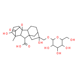 ChemSpider 2D Image | 6-[(Hexopyranosyloxy)methyl]-6,12-dihydroxy-11-methyl-16-oxo-15-oxapentacyclo[9.3.2.1~5,8~.0~1,10~.0~2,8~]heptadecane-9-carboxylic acid | C25H36O12
