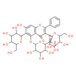 ChemSpider 2D Image | 3,4,5-Trihydroxy-6-({7-hydroxy-4-oxo-2-phenyl-3,6-bis[3,4,5-trihydroxy-6-(hydroxymethyl)tetrahydro-2H-pyran-2-yl]-4H-chromen-5-yl}oxy)tetrahydro-2H-pyran-2-carboxylic acid (non-preferred name) | C33H38O20