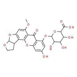 ChemSpider 2D Image | 10-Hydroxy-6-methoxy-7-oxo-1,2,3a,12c-tetrahydro-7H-furo[3',2':4,5]furo[2,3-c]xanthen-8-yl hexopyranosiduronic acid | C24H22O13
