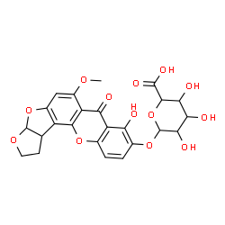 ChemSpider 2D Image | 8-Hydroxy-6-methoxy-7-oxo-1,2,3a,12c-tetrahydro-7H-furo[3',2':4,5]furo[2,3-c]xanthen-9-yl hexopyranosiduronic acid | C24H22O13