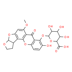 ChemSpider 2D Image | 9-Hydroxy-6-methoxy-7-oxo-1,2,3a,12c-tetrahydro-7H-furo[3',2':4,5]furo[2,3-c]xanthen-8-yl hexopyranosiduronic acid | C24H22O13