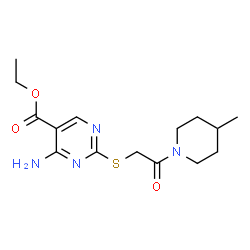 ChemSpider 2D Image | Ethyl 4-amino-2-{[2-(4-methyl-1-piperidinyl)-2-oxoethyl]sulfanyl}-5-pyrimidinecarboxylate | C15H22N4O3S