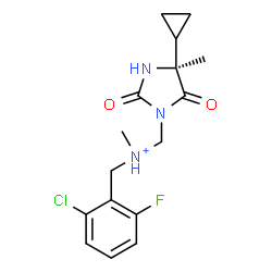 ChemSpider 2D Image | (2-Chloro-6-fluorophenyl)-N-{[(4S)-4-cyclopropyl-4-methyl-2,5-dioxo-1-imidazolidinyl]methyl}-N-methylmethanaminium | C16H20ClFN3O2