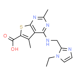 ChemSpider 2D Image | 4-{[(1-Ethyl-1H-imidazol-2-yl)methyl]amino}-2,5-dimethylthieno[2,3-d]pyrimidine-6-carboxylic acid | C15H17N5O2S