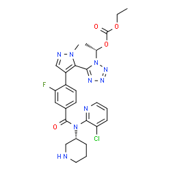 ChemSpider 2D Image | (1S)-1-{5-[4-(4-{(3-Chloro-2-pyridinyl)[(3R)-3-piperidinyl]carbamoyl}-2-fluorophenyl)-1-methyl-1H-pyrazol-5-yl]-1H-tetrazol-1-yl}ethyl ethyl carbonate | C27H29ClFN9O4