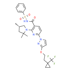 ChemSpider 2D Image | N-(Phenylsulfonyl)-6-(3-{2-[1-(trifluoromethyl)cyclopropyl]ethoxy}-1H-pyrazol-1-yl)-2-[(4S)-2,2,4-trimethyl-1-pyrrolidinyl]nicotinamide | C28H32F3N5O4S