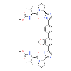ChemSpider 2D Image | Methyl {(2S)-1-[(2S)-2-{5-[7-(4-{2-[(2S)-1-{(2S)-2-[(methoxycarbonyl)amino]-3-methylbutanoyl}-2-pyrrolidinyl]-1H-imidazol-5-yl}phenyl)-1,3-benzodioxol-4-yl]-1H-imidazol-2-yl}-1-pyrrolidinyl]-3-methyl-
1-oxo-2-butanyl}carbamate | C41H50N8O8