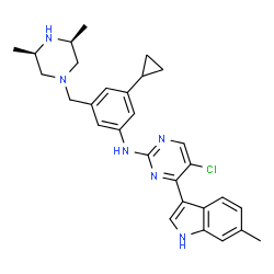 ChemSpider 2D Image | 5-Chloro-N-(3-cyclopropyl-5-{[(3R,5S)-3,5-dimethyl-1-piperazinyl]methyl}phenyl)-4-(6-methyl-1H-indol-3-yl)-2-pyrimidinamine | C29H33ClN6
