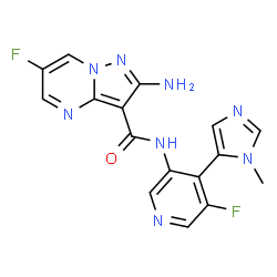ChemSpider 2D Image | 2-Amino-6-fluoro-N-[5-fluoro-4-(1-methyl-1H-imidazol-5-yl)-3-pyridinyl]pyrazolo[1,5-a]pyrimidine-3-carboxamide | C16H12F2N8O
