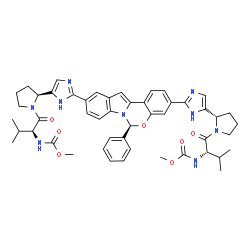 ChemSpider 2D Image | Methyl {(2S)-1-[(2S)-2-{2-[(6S)-3-{5-[(2S)-1-{(2S)-2-[(methoxycarbonyl)amino]-3-methylbutanoyl}-2-pyrrolidinyl]-1H-imidazol-2-yl}-6-phenylindolo[1,2-c][1,3]benzoxazin-10-yl]-1H-imidazol-5-yl}-1-pyrrol
idinyl]-3-methyl-1-oxo-2-butanyl}carbamate | C49H55N9O7