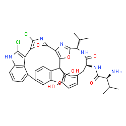 ChemSpider 2D Image | N-[(10S,13S)-3,34-Dichloro-18,21-dihydroxy-10-isopropyl-12-oxo-8,22,39-trioxa-4,11,33,38-tetraazanonacyclo[26.6.1.1~2,5~.1~6,9~.1~15,19~.1~23,27~.0~7,20~.0~20,24~.0~32,35~]nonatriaconta-1(34),2,4,6,9(
38),15(37),16,18,23(36),24,26,28(35),29,31-tetradecaen-13-yl]-L-valinamide | C40H36Cl2N6O7