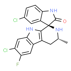 ChemSpider 2D Image | (1R,3R)-5',7-Dichloro-6-fluoro-3-methyl-2,3,4,9-tetrahydrospiro[beta-carboline-1,3'-indol]-2'(1'H)-one | C19H14Cl2FN3O