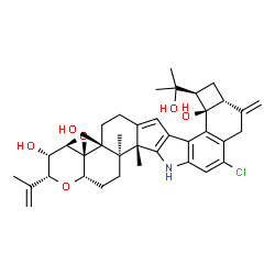 ChemSpider 2D Image | (2R,3S,3aR,4aS,4bS,7dR,8R,9aR,14bS,14cR,16aS)-12-Chloro-8-(2-hydroxy-2-propanyl)-2-isopropenyl-14b,14c-dimethyl-10-methylene-3,3a,6,8,9,9a,10,11,14,14b,14c,15,16,16a-tetradecahydro-2H,4bH-cyclobuta[5,
6]benzo[1,2-e]oxireno[4',4a']chromeno[5',6':6,7]indeno[1,2-b]indole-3,4b,7d(5H)-triol | C37H44ClNO6