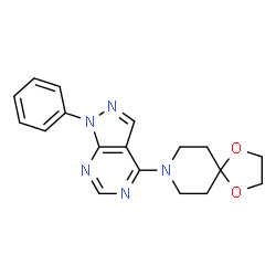 ChemSpider 2D Image | 8-{1-phenylpyrazolo[3,4-d]pyrimidin-4-yl}-1,4-dioxa-8-azaspiro[4.5]decane | C18H19N5O2