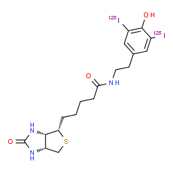 ChemSpider 2D Image | N-(2-{4-Hydroxy-3,5-bis[(~125~I)iodo]phenyl}ethyl)-5-[(3aS,4S,6aR)-2-oxohexahydro-1H-thieno[3,4-d]imidazol-4-yl]pentanamide | C18H23125I2N3O3S