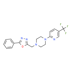 ChemSpider 2D Image | 1-[(5-Phenyl-1,3,4-oxadiazol-2-yl)methyl]-4-[5-(trifluoromethyl)-2-pyridinyl]piperazine | C19H18F3N5O
