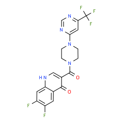 ChemSpider 2D Image | 6,7-Difluoro-3-({4-[6-(trifluoromethyl)-4-pyrimidinyl]-1-piperazinyl}carbonyl)-4(1H)-quinolinone | C19H14F5N5O2