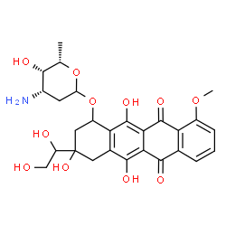 ChemSpider 2D Image | 3-(1,2-Dihydroxyethyl)-3,5,12-trihydroxy-10-methoxy-6,11-dioxo-1,2,3,4,6,11-hexahydro-1-tetracenyl 3-amino-2,3,6-trideoxy-L-lyxo-hexopyranoside | C27H31NO11