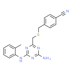 ChemSpider 2D Image | 4-{[({4-Amino-6-[(2-methylphenyl)amino]-1,3,5-triazin-2-yl}methyl)sulfanyl]methyl}benzonitrile | C19H18N6S