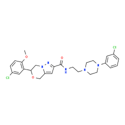 ChemSpider 2D Image | 6-(5-Chloro-2-methoxyphenyl)-N-{2-[4-(3-chlorophenyl)-1-piperazinyl]ethyl}-6,7-dihydro-4H-pyrazolo[5,1-c][1,4]oxazine-2-carboxamide | C26H29Cl2N5O3