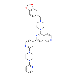 ChemSpider 2D Image | 1-[4-(1,3-Benzodioxol-5-ylmethyl)-1-piperazinyl]-3-{2-[4-(2-pyridinyl)-1-piperazinyl]-4-pyridinyl}-2,6-naphthyridine | C34H34N8O2