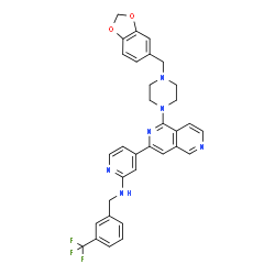 ChemSpider 2D Image | 4-{1-[4-(1,3-Benzodioxol-5-ylmethyl)-1-piperazinyl]-2,6-naphthyridin-3-yl}-N-[3-(trifluoromethyl)benzyl]-2-pyridinamine | C33H29F3N6O2
